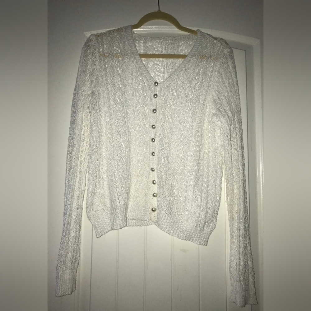 Womans White Lace Button Up Sweater Cover Up
